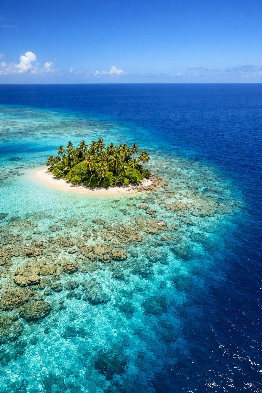 Aerial view of pristine coral reef surrounding a small tropical island near Rotuma