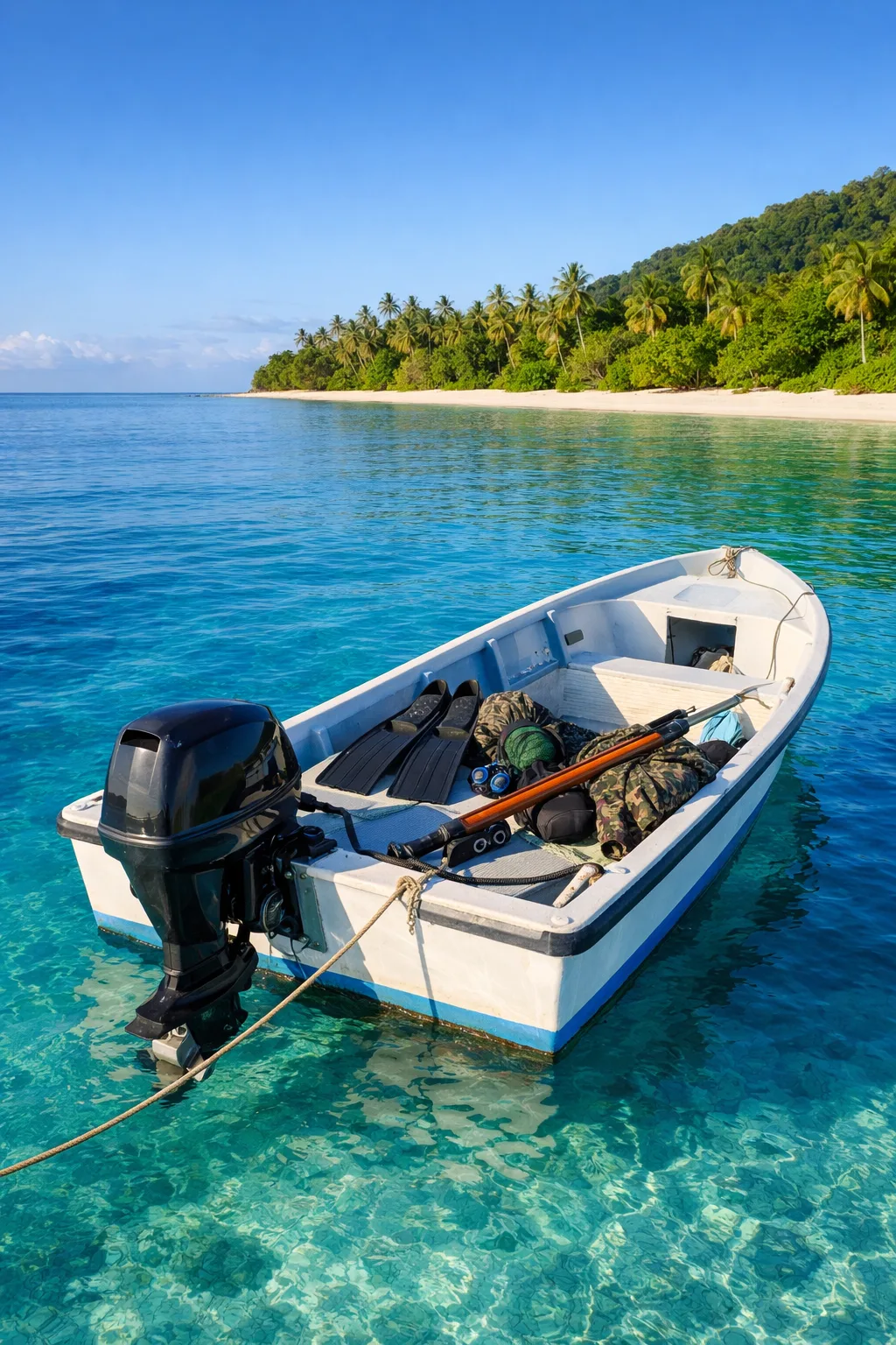Spearfishing boat with gear anchored in crystal clear tropical waters near Rotuma