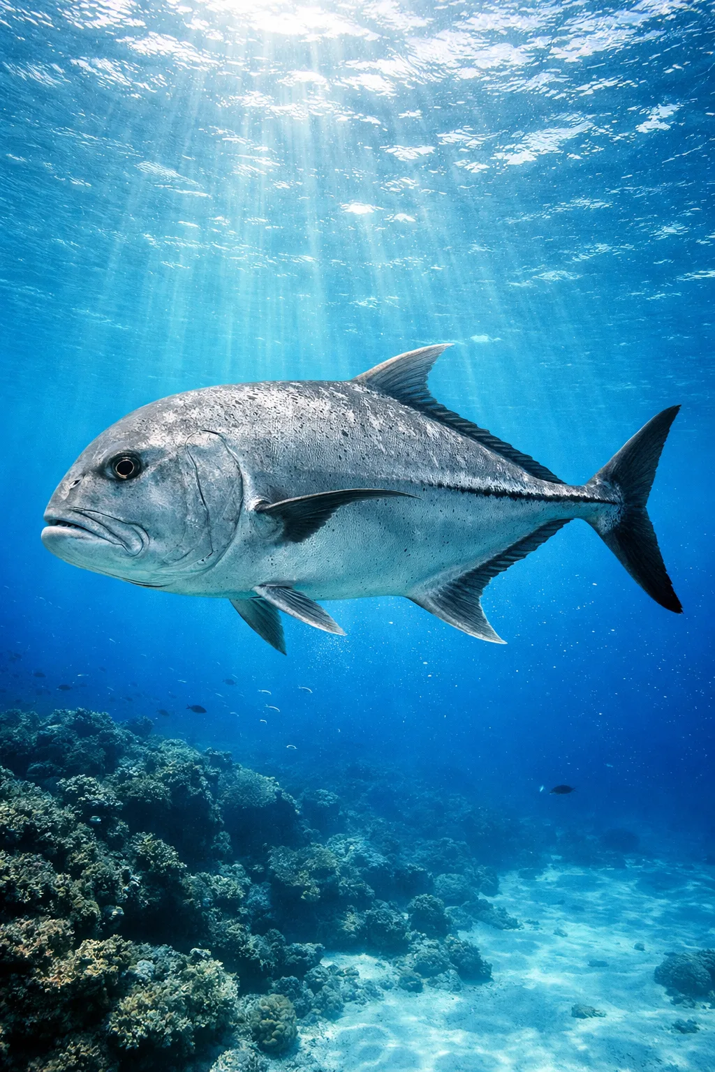 Giant Trevally swimming near a reef